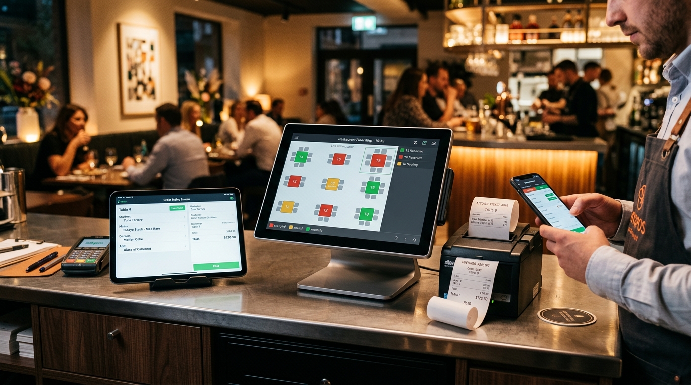 All-in-One Restaurant POS Ecosystem with Desktop Touch Terminal, Waiter Tablet, Mobile Phone, and Thermal POS KOT Printer