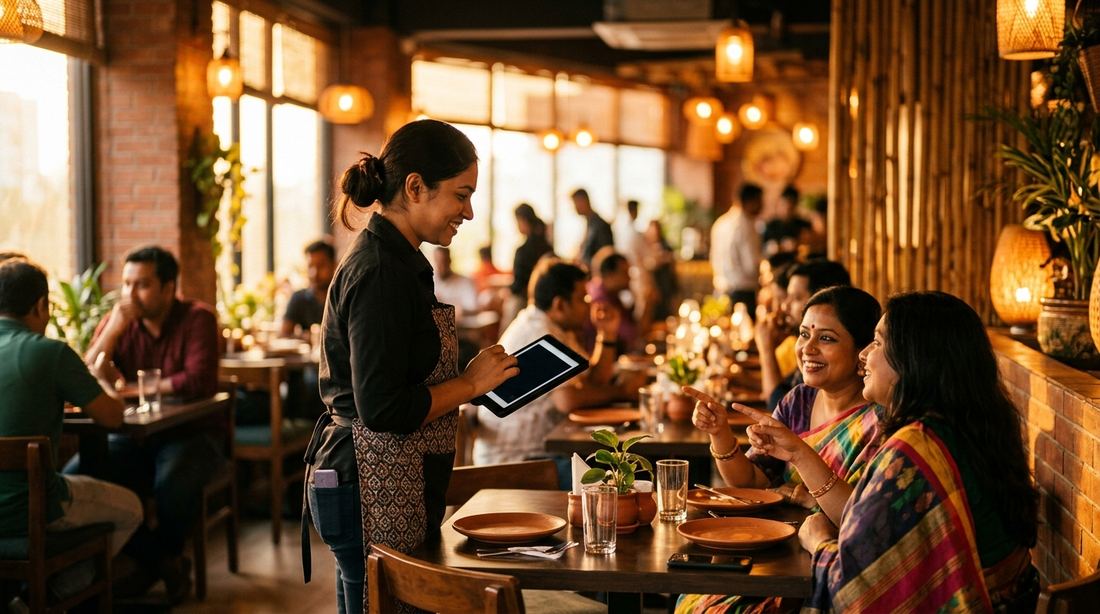 Waiter taking an order on a tablet in a busy restaurant